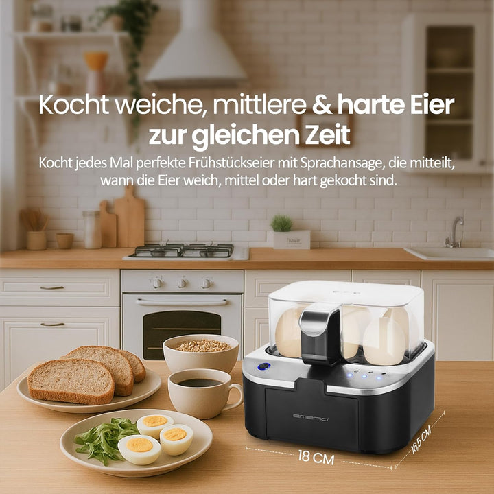 EMERIO sprechender Eierkocher SIEGER Preis/Leistung NEUHEIT kocht alle drei Garstufen [weich|mittel|