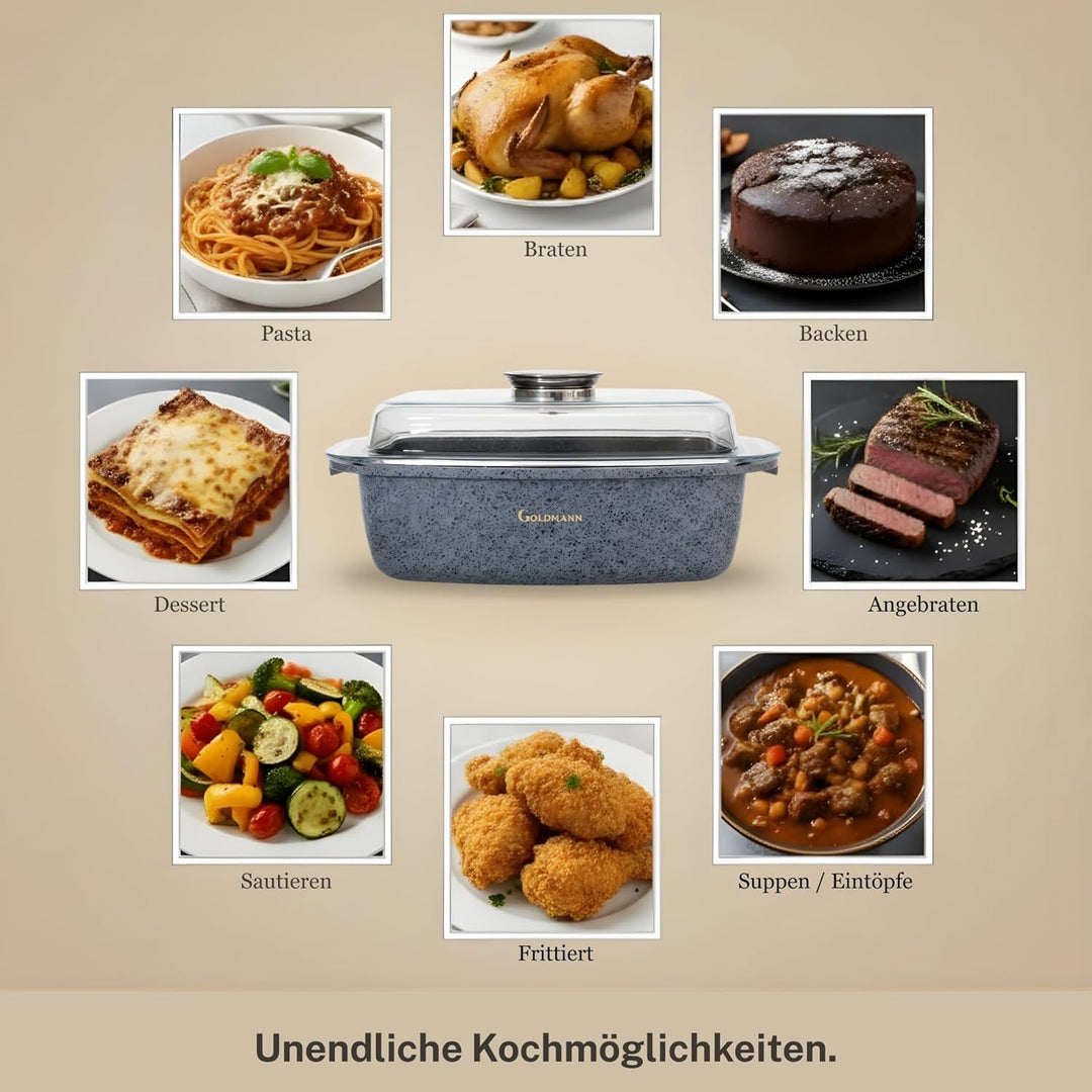 GOLDMANN Premium Bräter 32 CM – 5.5L – Aluminiumguss, Induktion, Antihaft-Marmor-Beschichtung – Aufl