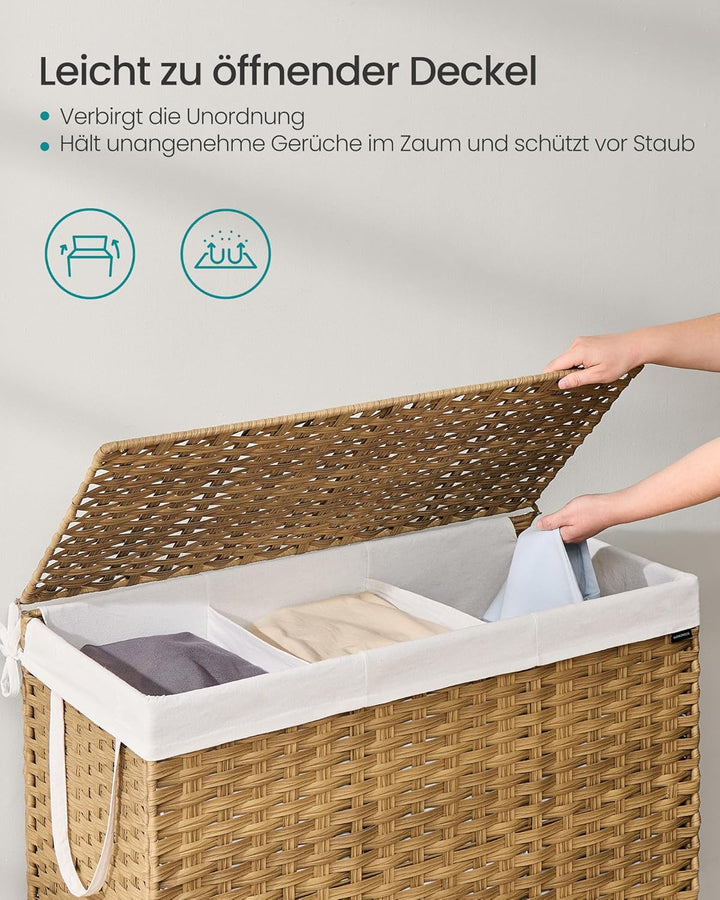 SONGMICS Wäschekorb 3 Fächern, Wäschesammler 200 L, Wäschebox aus synthetischem Rattan, mit Deckel u
