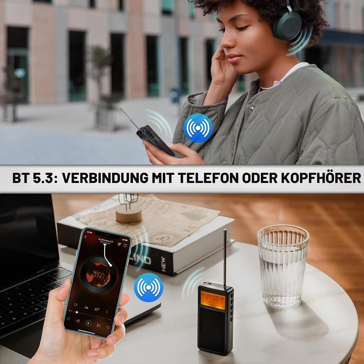 Raddy RF205 Tragbares FM Radio, Taschen-Mini-Radio mit BT 5,3 Verbindung, FM-zu-BT-Signalausgang, MP