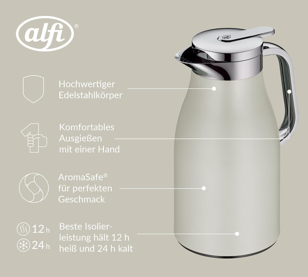 alfi SKYLINE 1,0l, silver lining, Edelstahl-Isolierkanne mit hygienischem Hartglaseinsatz, Drehversc