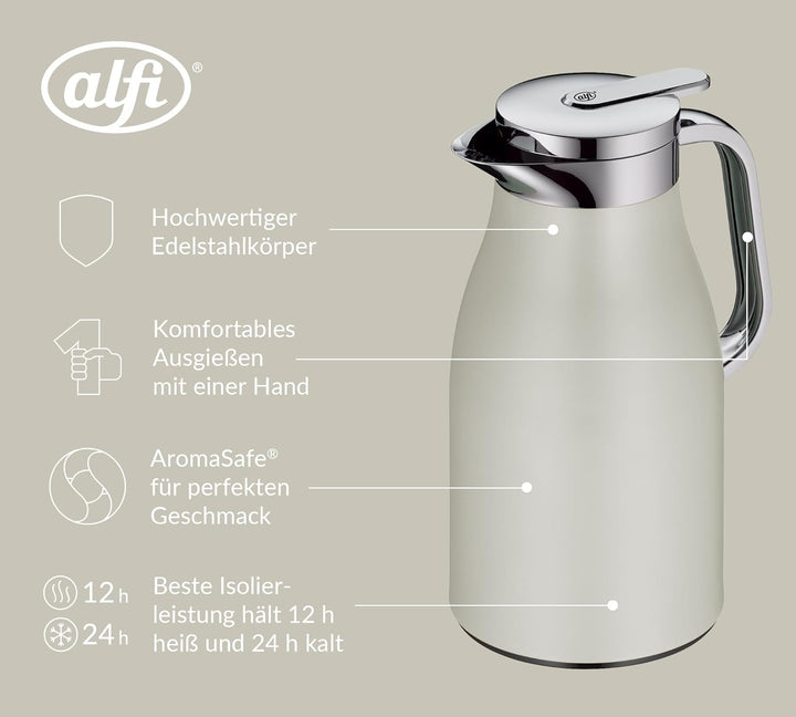 alfi SKYLINE 1,0l, silver lining, Edelstahl-Isolierkanne mit hygienischem Hartglaseinsatz, Drehversc