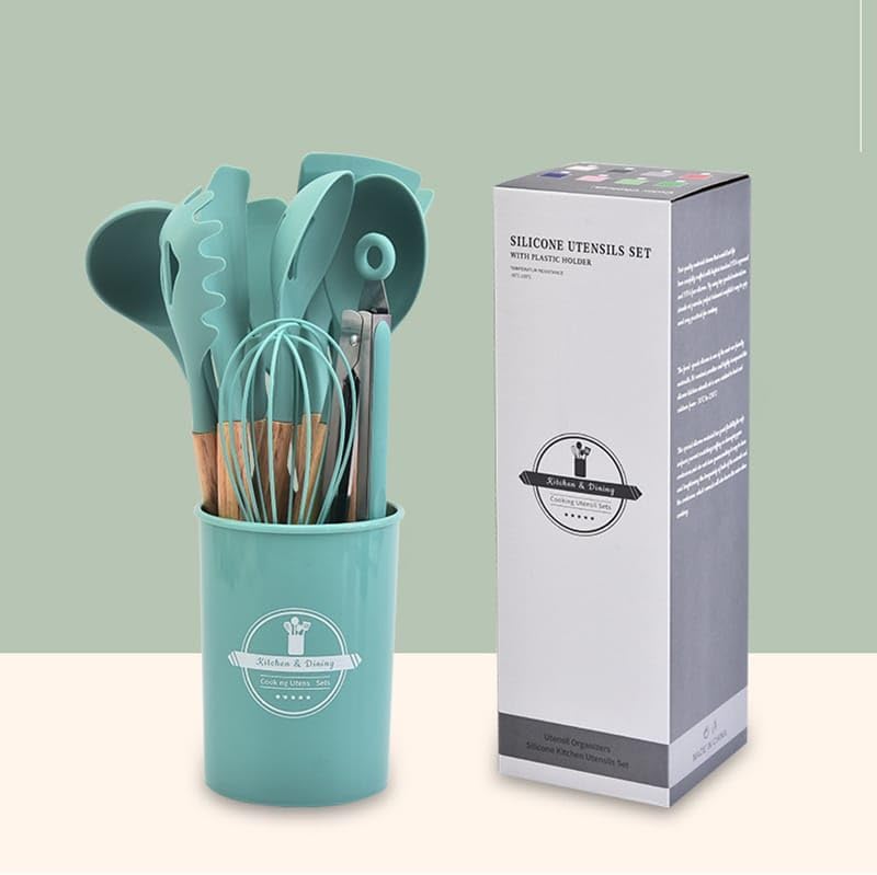 Silikon-Küchenutensilien-Set, 12-teilig, Holzgriffe, Aufbewahrungsbecher (Khaki)