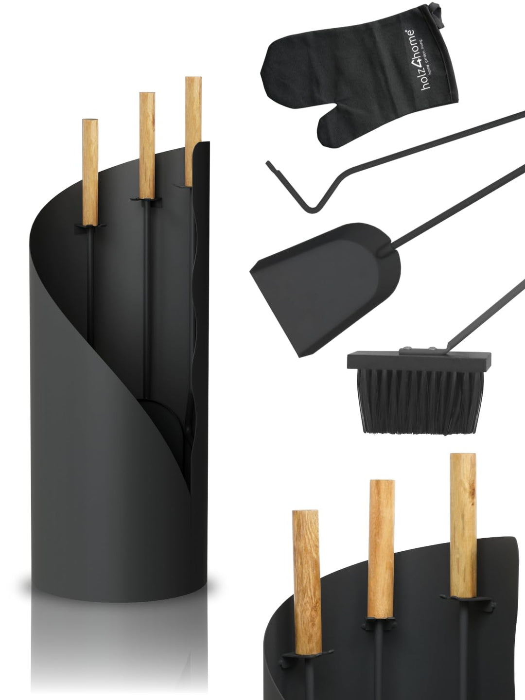 holz4home® Kaminbesteck 5-tlg. Grauschwarz mit Holzgriff inkl. Ofenhandschuh I Kaminset Kamingarnitu