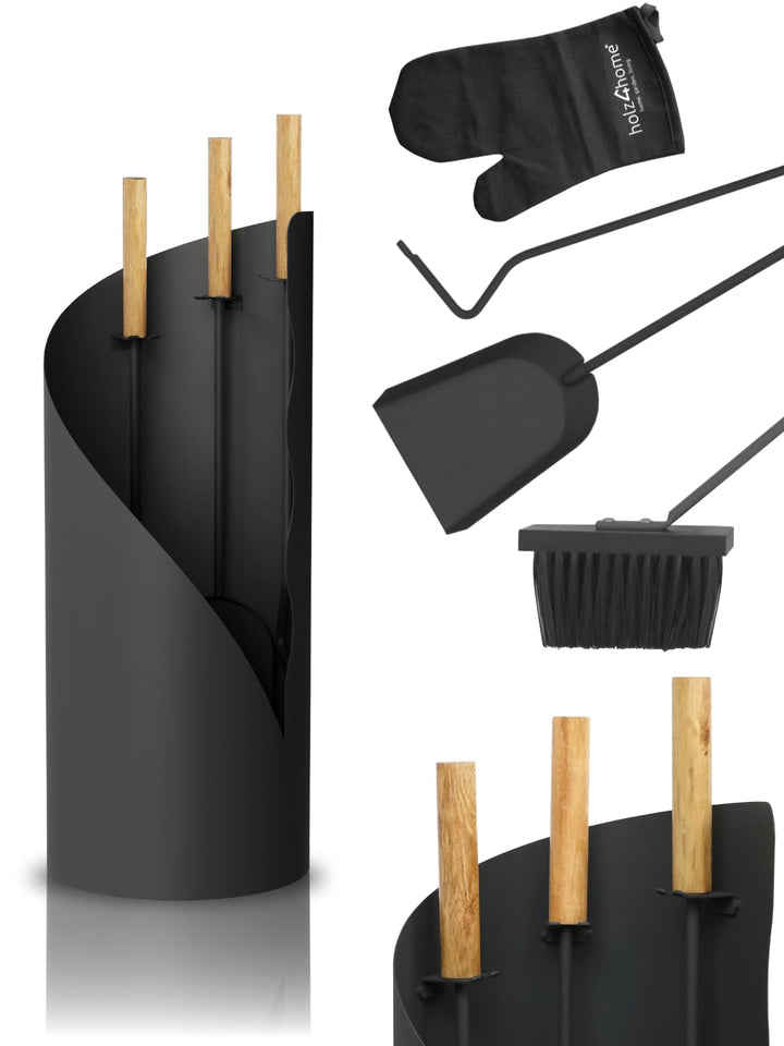 holz4home® Kaminbesteck 5-tlg. Grauschwarz mit Holzgriff inkl. Ofenhandschuh I Kaminset Kamingarnitu