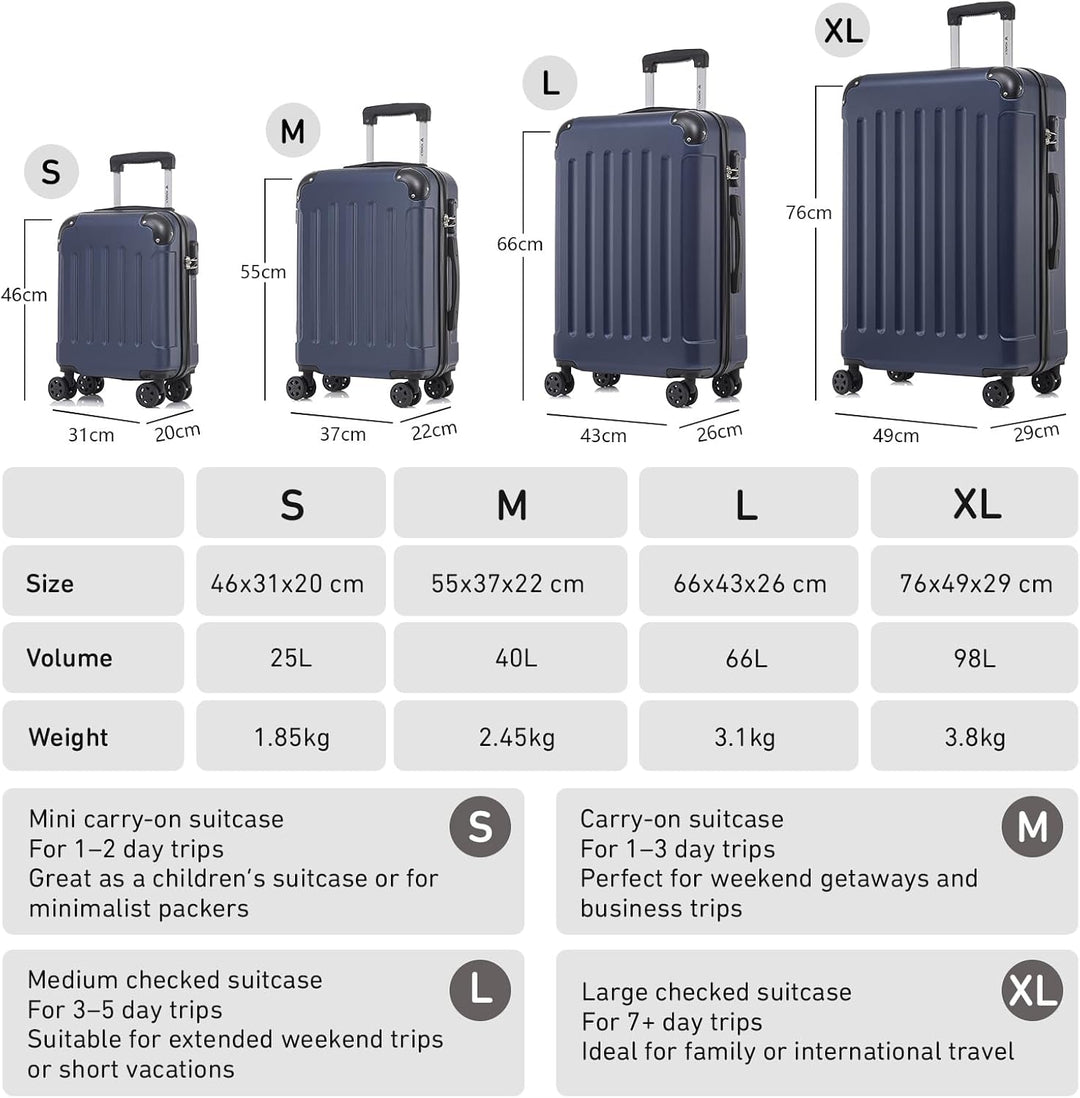 Koffer Suitcase M Dunkelblau, Trolley Reisekoffer, Rollkoffer Handgepäck, Kabinenkoffer mit 4 Rollen