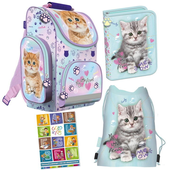 Goldkids - Schulranzen für Jungen und Mädchen, 4er-Set - Schul-Rucksack für Kinder mit Federmäppchen