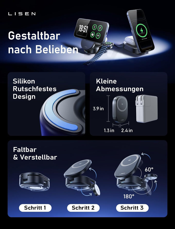 LISEN 25W Qi2.2 MagSafe Ladestation für Apple Watch und iPhone 17 Pro Max, 3-in-1 Magsafe Ladegerät,