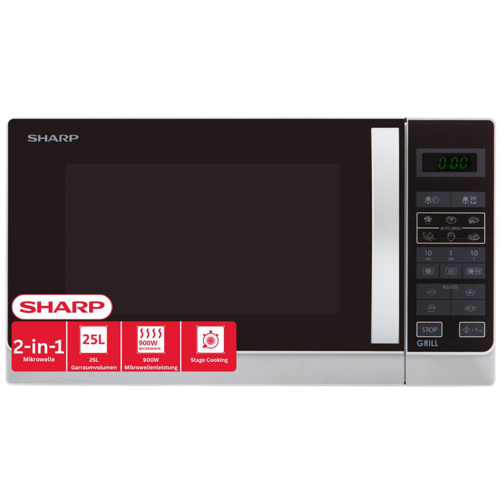 Sharp R742WW 2-in-1 Mikrowelle mit Grill / 25 L / 900 W / 1000 W Grill / LED-Display / 8 Automatikpr
