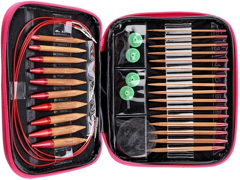 Goick Strickset,Austauschbare karbonisierte Bambusnadeln Set Aluminium Rundstricknadeln Ring Set