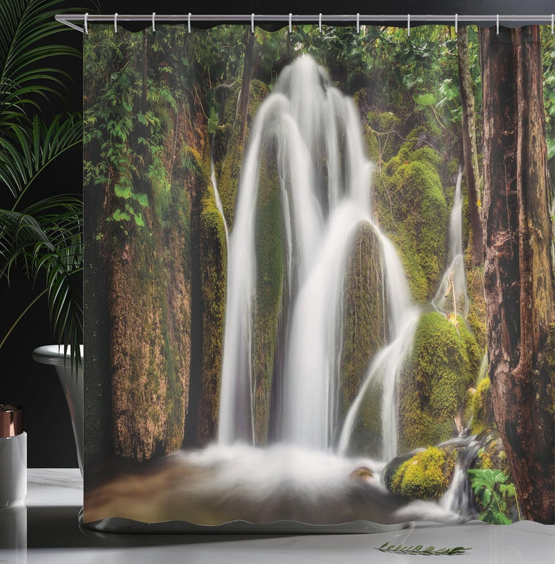 ABAKUHAUS Natur Duschvorhang, Wasserfall im Regenwald, mit 12 Ringe Set Wasserdicht Stielvoll Modern