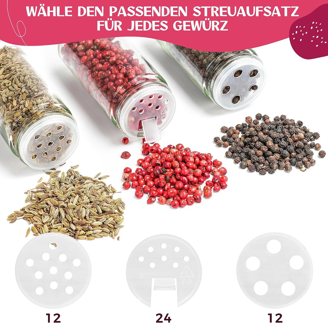 Happy Lemuro Gewürzgläser Rund [24 x 100 ml] 435 Etiketten auf Deutsch | Gewürzbehälter mit Holzdeck