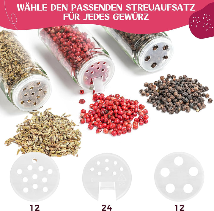 Happy Lemuro Gewürzgläser Rund [24 x 100 ml] 435 Etiketten auf Deutsch | Gewürzbehälter mit Holzdeck