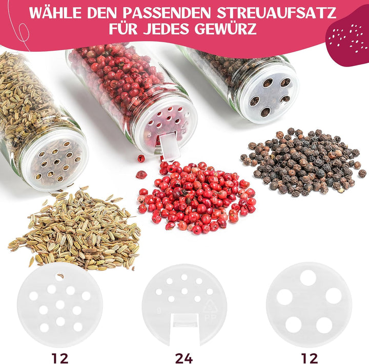 Happy Lemuro Gewürzgläser Rund [24 x 100 ml] 435 Etiketten auf Deutsch | Gewürzbehälter mit Holzdeck