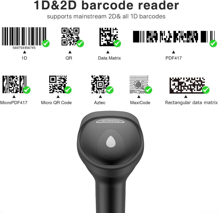 Inateck Barcode Scanner 2D Bluetooth, Wireless QR Code Scanner, 2D Imager mit 2000 mAh Akku, 1 Ladun