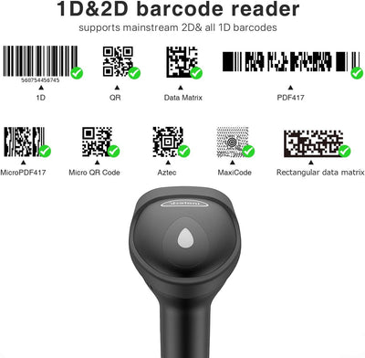 Inateck Barcode Scanner 2D Bluetooth, Wireless QR Code Scanner, 2D Imager mit 2000 mAh Akku, 1 Ladun