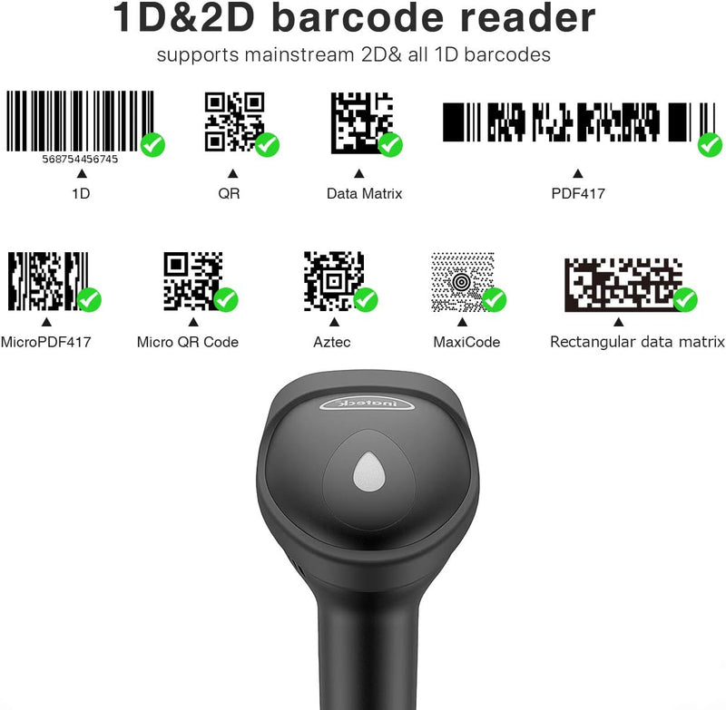 Inateck Barcode Scanner 2D Bluetooth, Wireless QR Code Scanner, 2D Imager mit 2000 mAh Akku, 1 Ladun