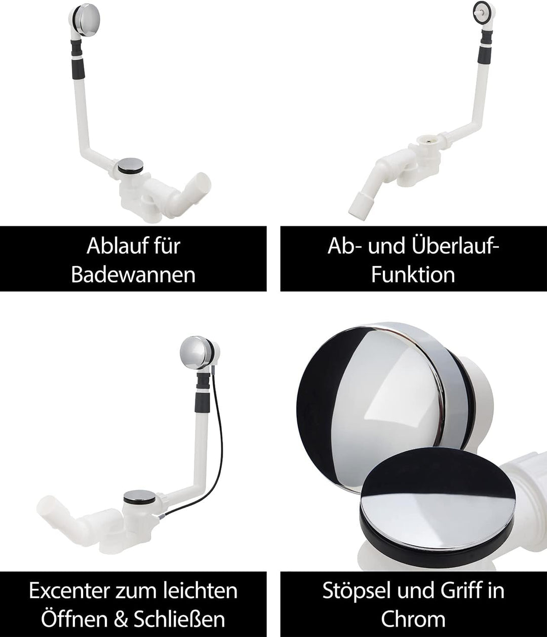 AquaSu Excenter-Wannengarnitur | Ab- und Überlaufgarnitur für Badewannen | Ablaufgarnitur mit Geruch