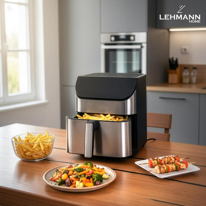 Lehmann Friteuse Heissluft XXL 1800 W, Heissluftfritteuse 8L mit bis zu 10 Programmen, Air Fryer mit