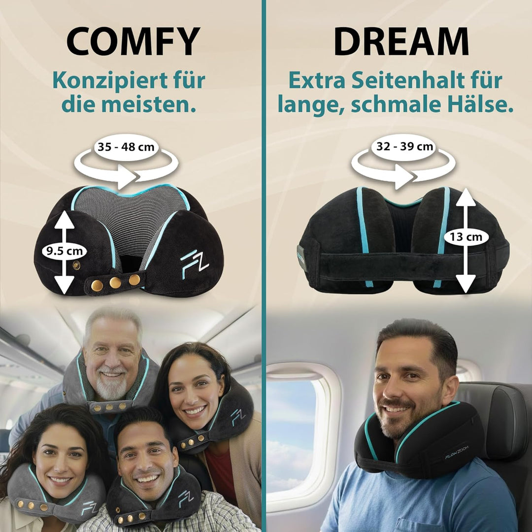 FLOWZOOM Comfy Nackenkissen für Flugzeug & Auto - Einstellbares Memoryschaum Nackenhörnchen mit flex