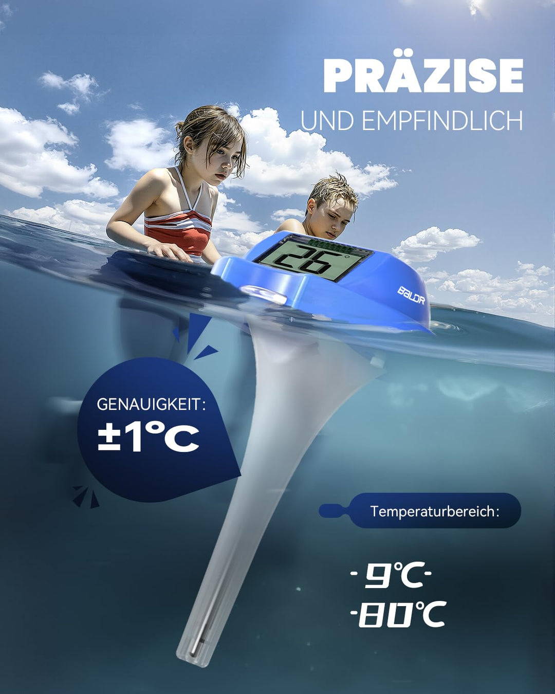 BALDR Solar Schwimmendes für Pool mit zwei grossen Displays | IPX7 wasserdichter digitaler Temperatu
