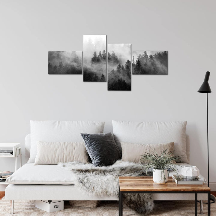Runa Art Bild Modern Wald Natur - Made in Germany - Wandbilder Landschaft Schwarz Weiss 4 Teilig 032