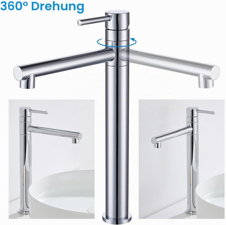HanCrobiyx Wasserhahn Bad Hoch, Waschtischarmatur Aufsatzwaschbecken Armatur Badezimmer 360° Drehbar