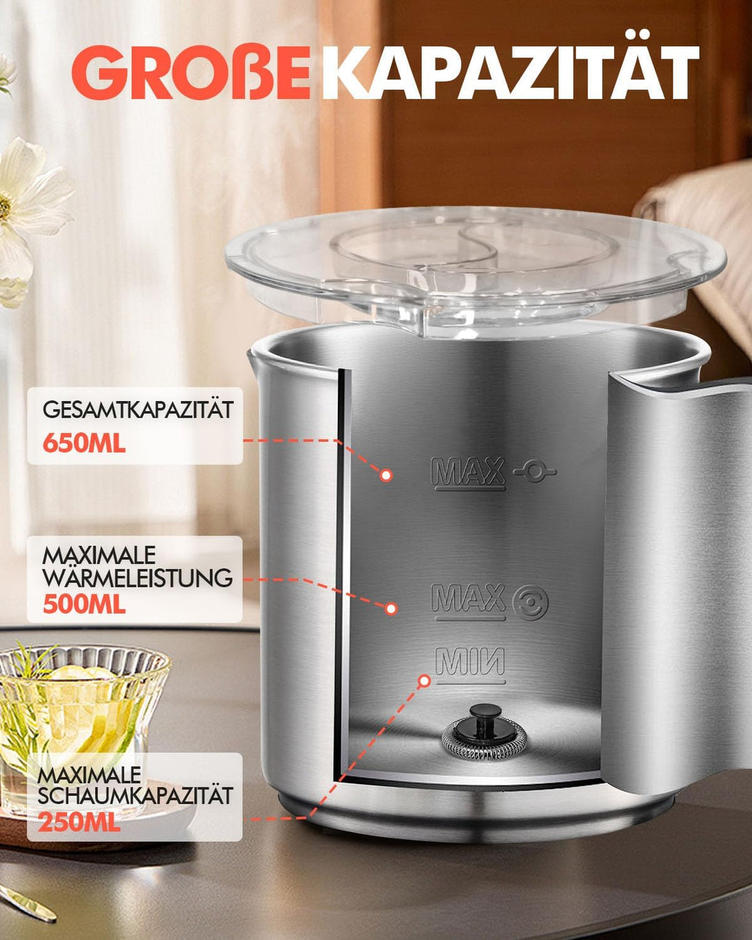 Automatischer Milchaufschäumer Elektrisch 4-in-1, 650ML Edelstahl Milchschäumer mit Auto-Abschaltung