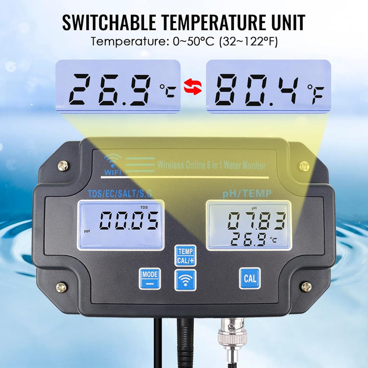 WLAN-Wasserqualitätstester, 6-in-1-pH-Monitor, misst pH/EC/TDS/Salzgehalt/spezifisches Gewicht und T