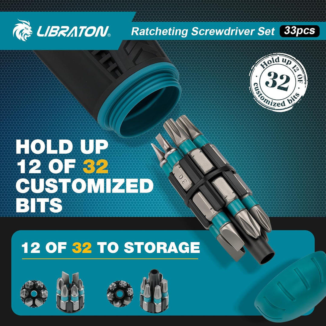 LIBRATON Ratschenschraubendreher Set, Multi Schraubendreher, 33-in-1 Magnetischer Schraubendreher, S