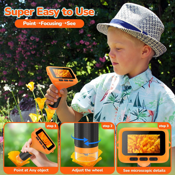 1000X Handheld Digitales Mikroskop für Kinder, 3-Zoll-HD-Bildschirm, Wiederaufladbar, Tragbare Lupe