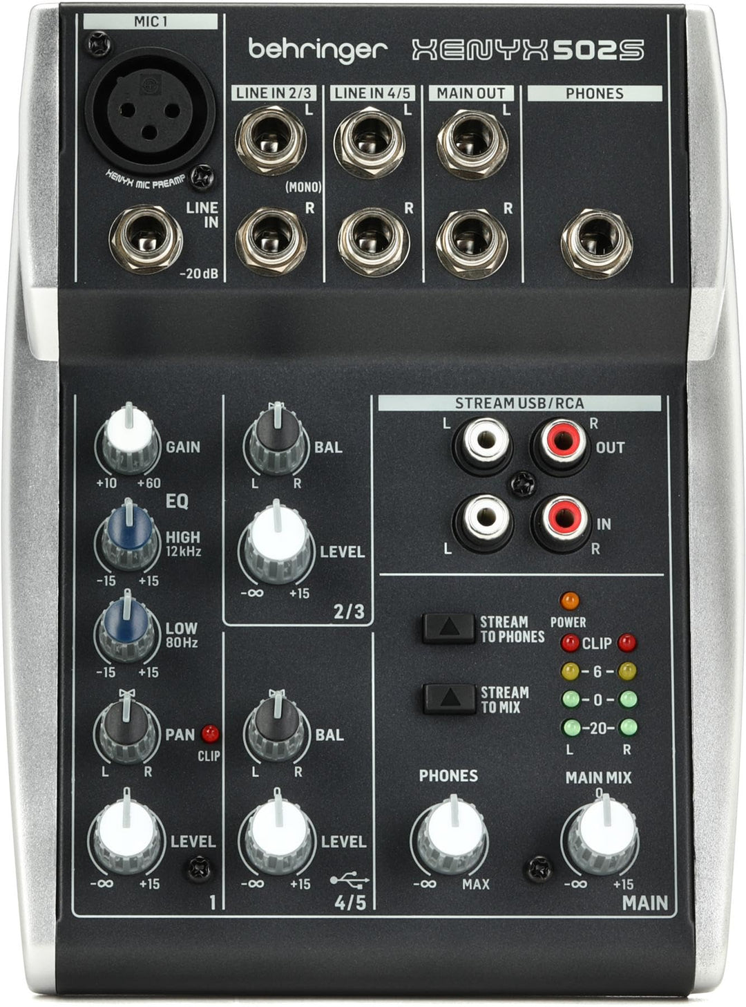 Behringer XENYX 502S Premium-Analogmixer mit 5 Eingängen und USB-Streaming-Schnittstelle