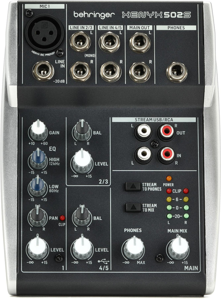Behringer XENYX 502S Premium-Analogmixer mit 5 Eingängen und USB-Streaming-Schnittstelle