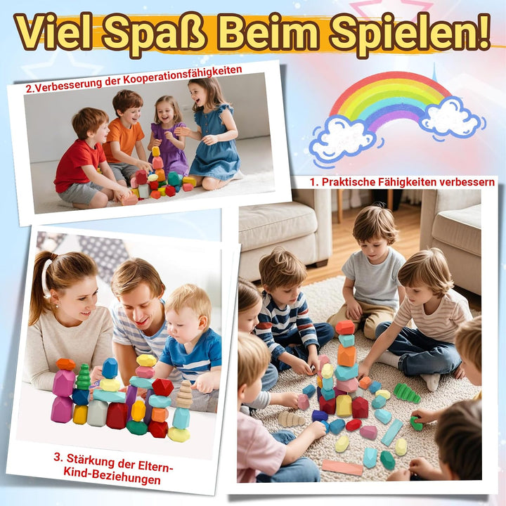 RunHero 58 Stück Stapelsteine Balanciersteine Montessori Holz Bauklötze Spielzeug für Kinder Stapelt