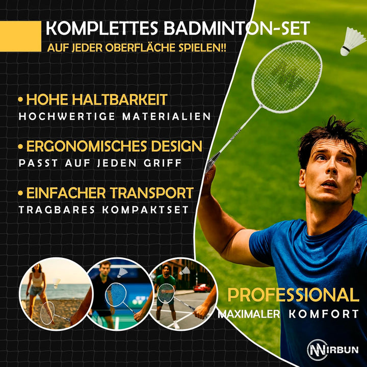 Badminton-Set für 4 Spieler mit Netz | Professionelle Schläger + 3 Federbälle + Tragetasche | Robust