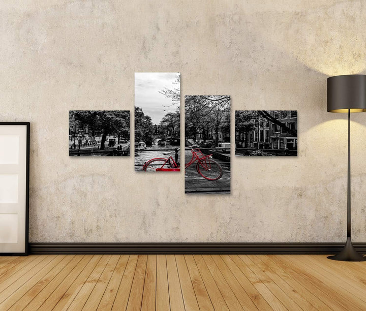 islandburner Bild auf Leinwand Rotes Fahrrad Brücke Schwarz Weiss Bilder Wandbilder Poster Leinwand