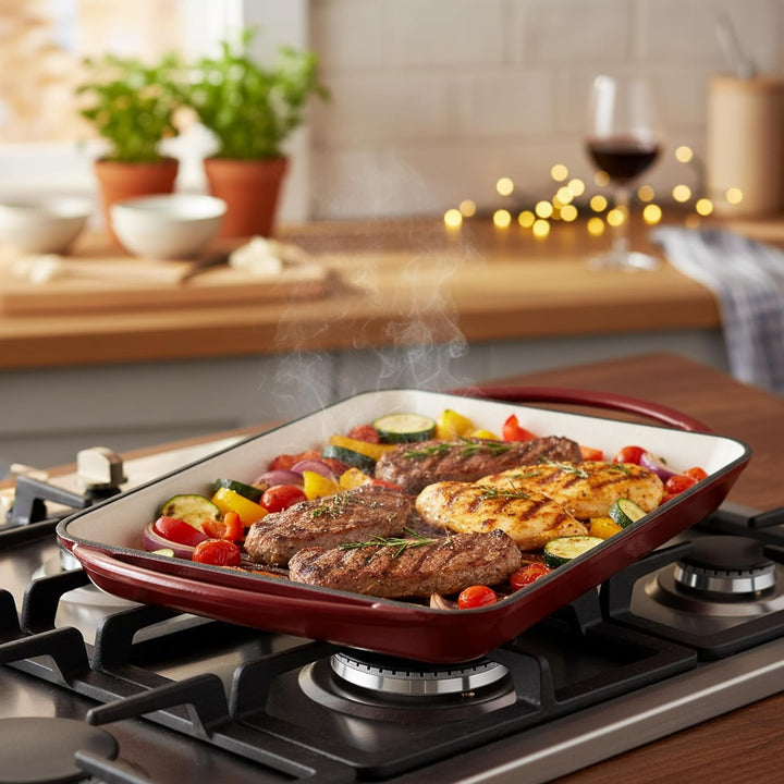 Mahlzeit Gusseisen-Grillplatte Emailliert | Dark Cherry | 39,5 x 22 x 3,5 cm | Grill Platte Gusseise