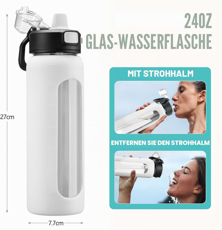 BLUEGO 700ml Trinkflasche Glas mit Strohhalm und Griff Auslaufsichere Wasserflasche mit Silikonhülle