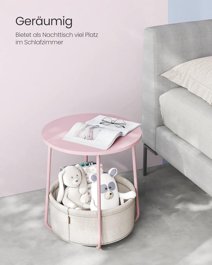 VASAGLE Beistelltisch rund, Kleiner Tisch, Couchtisch klein, Wohnzimmertisch mit Korb aus Stoff, Sta