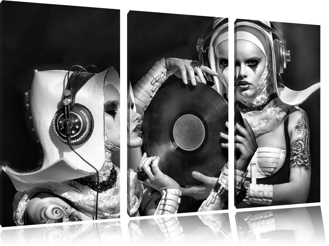 Pixxprint Mysteriöse DJ Frauen als Leinwandbild | Grösse: 3 Teilig (120x80) | Wandbild| Kunstdruck |