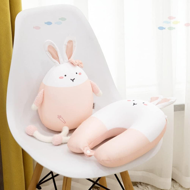 Fencelly 2-in-1 Reisekissen, niedliches Häschen-U-förmiges Nackenkissen mit Kaninchen-Puppe für Auto