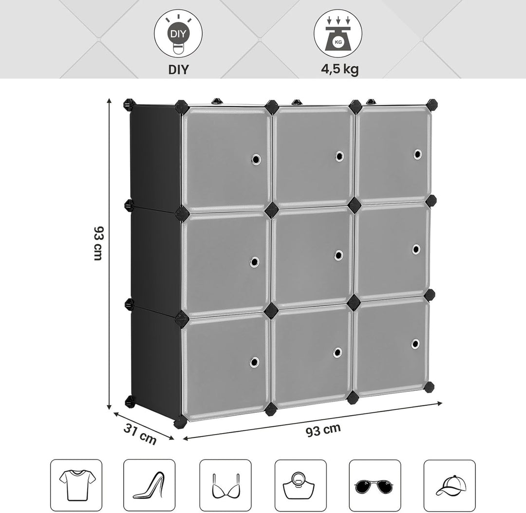 SONGMICS Regalsystem, Schuhregal, Set aus 9 Würfeln, Kleiderschrank aus Kunststoff, mit Türen, Steck