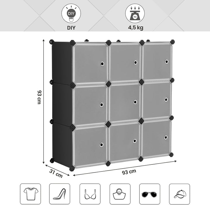 SONGMICS Regalsystem, Schuhregal, Set aus 9 Würfeln, Kleiderschrank aus Kunststoff, mit Türen, Steck