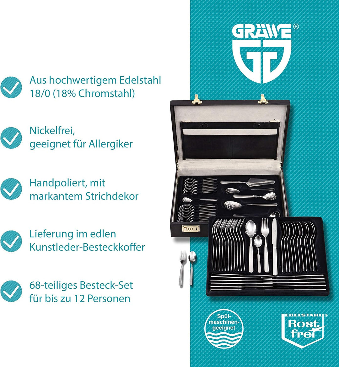 GRÄWE Besteckkoffer für 12 Personen, 68-teilig aus Edelstahl, Besteck Set inkl. Koffer mit Tafelbest