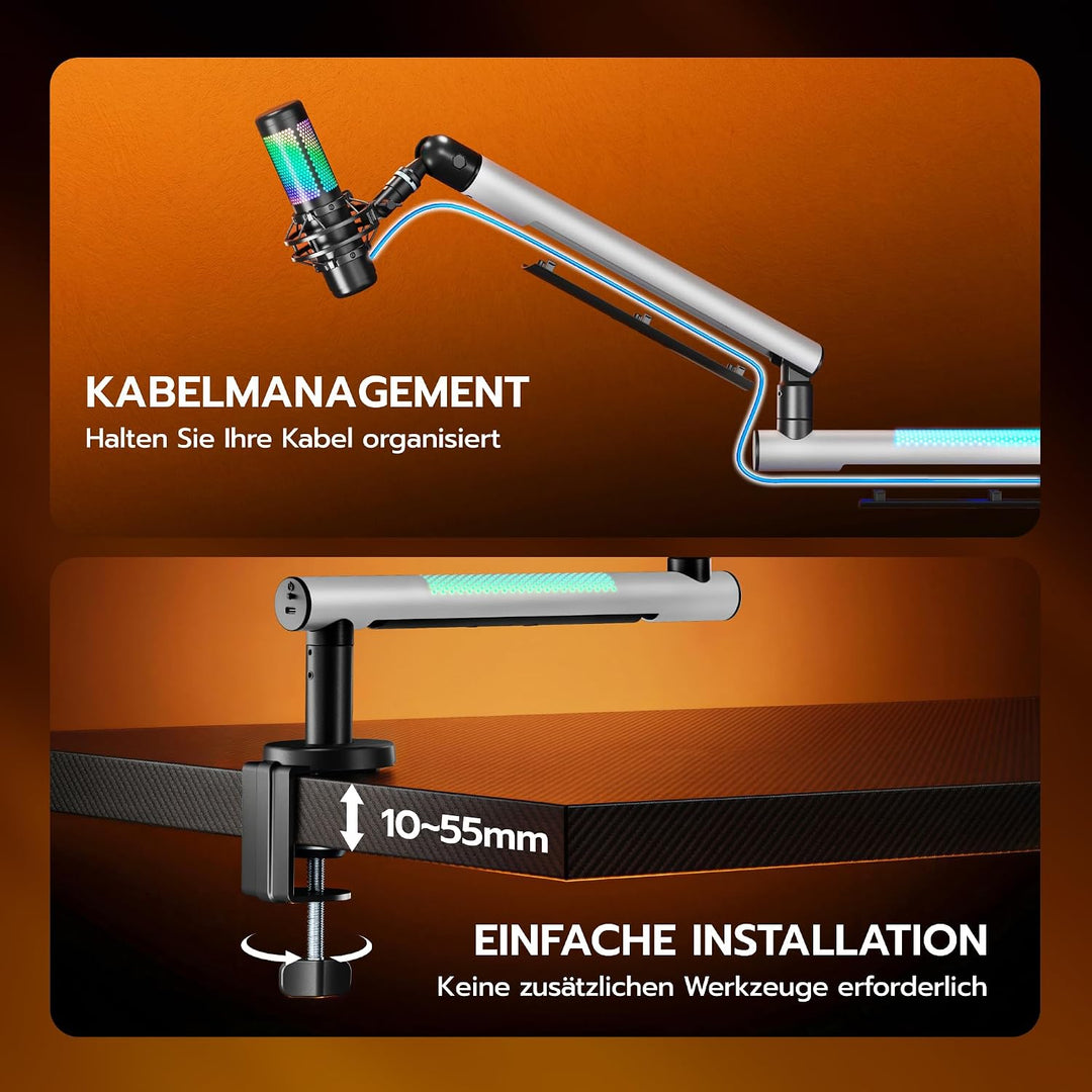 ARES WING Gaming Mikrofon Arm mit RGB Licht, Mikrofonständer mit 360° drehbarem Schwenkarm, kompatib