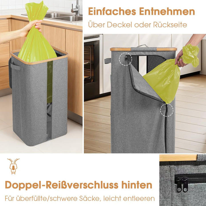 OUSFOT Gelber Sack Ständer 100L, Gelber Sack Mülleimer Integrierte 4 Clips Doppelgriffe Reissverschl