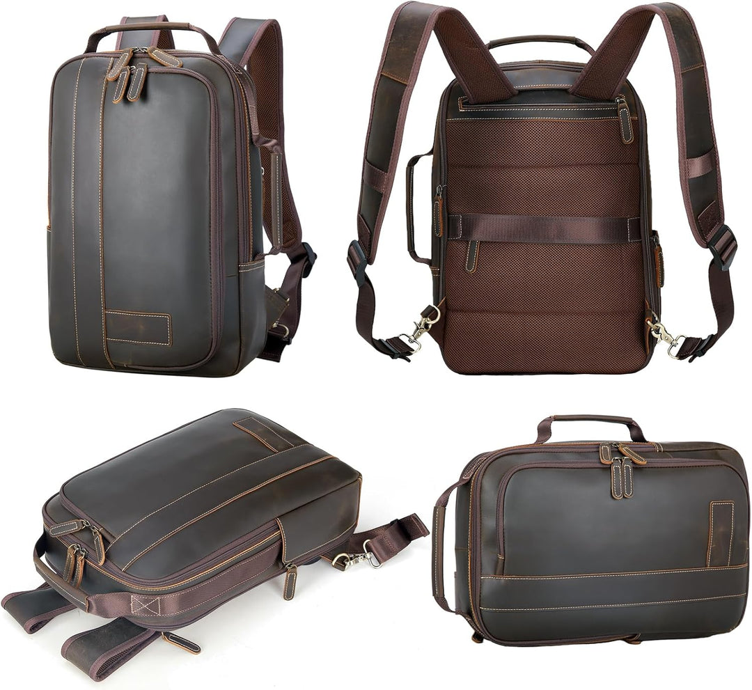 TIDING Laptop Rucksack Herren Leder Schulrucksack für 15.6 Zoll Laptoptasche Erweiterbar Gross Reise