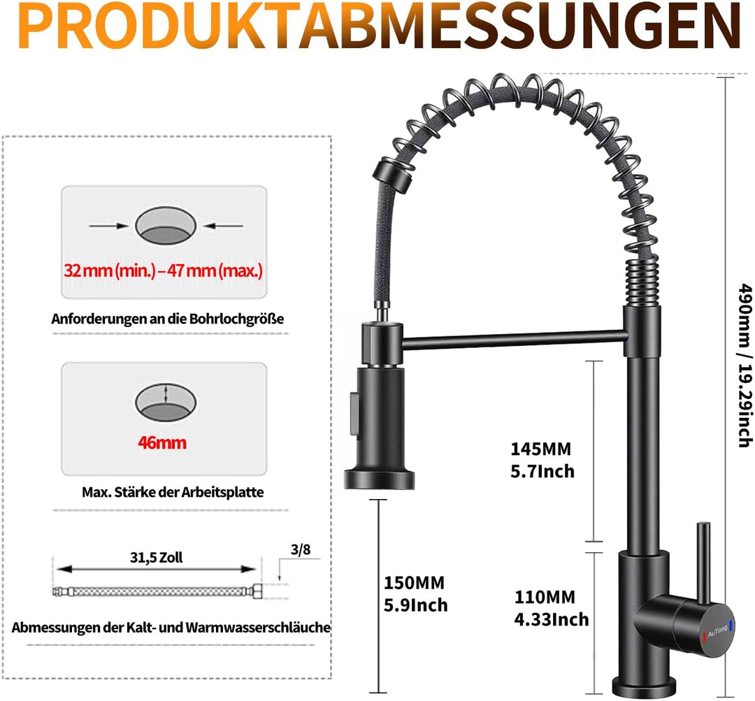 Wasserhahn Küche Schwarz - Hochdruck Küchenarmatur Ausziehbar - 360°Drehbar 3 Sprühfunktionen - Spir