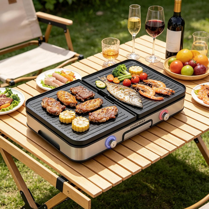 COSTWAY Tischgrill elektrisch, 2000W Elektrogrill mit Spritzschutz, 2 Thermostate, 6 Temperatureinst