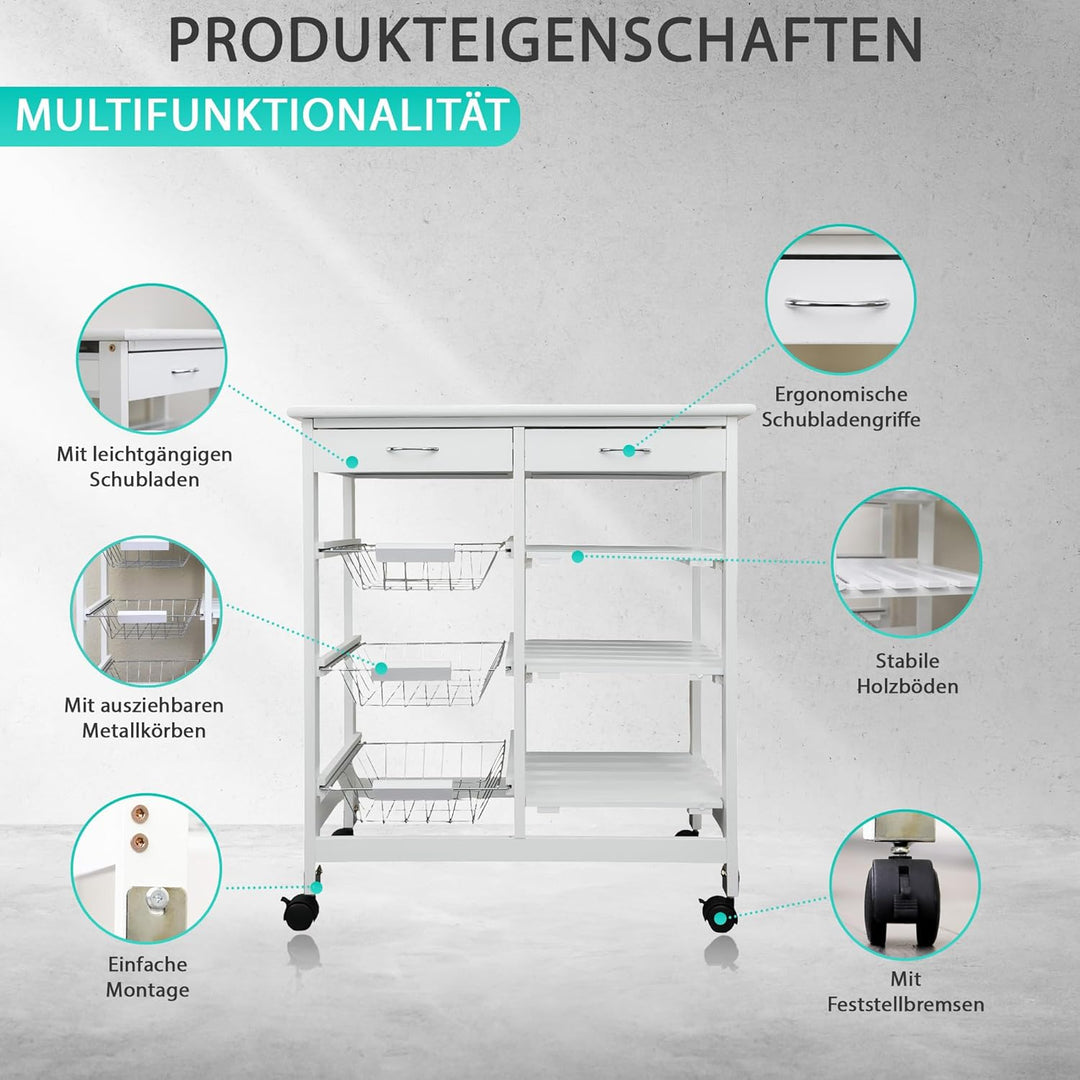 DRULINE Servierwagen Beistellwagen 37x67x76 cm, Multifunktionaler Küchentrolley mit 6 Ebenen, Mobile